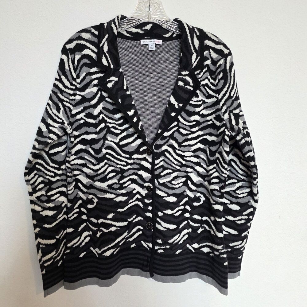 Isaac Mizrahi Womens M Cotton Knit Zebra Button Collared Cardigan Print Jacquard